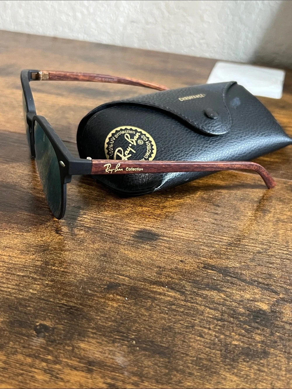 Ray-Ban Black Frame Sunglasses with Brown Lenses and Wood-Effect Temples